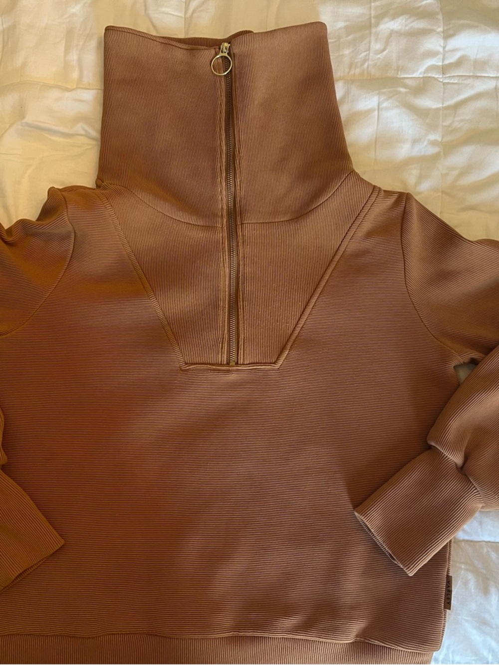 Varley Brown Zip-Up Funnel Neck Sweater